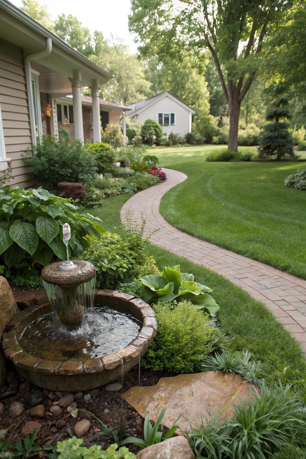 A tranquil water feature adds a calming element to the yard.