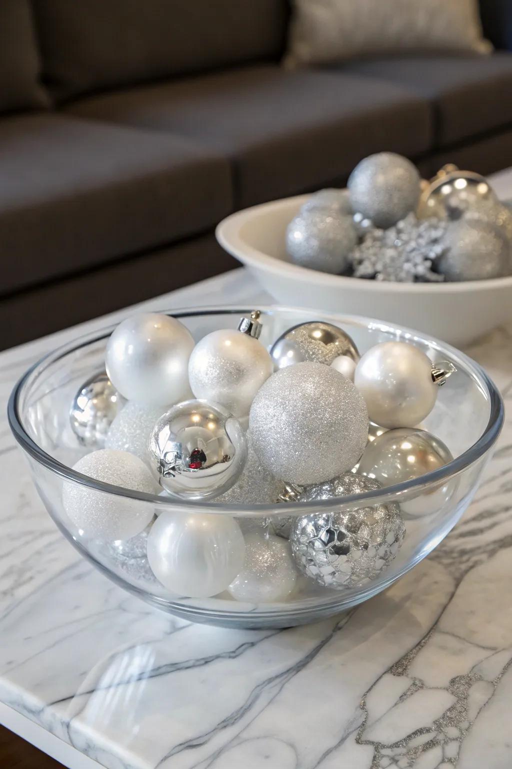 Sophisticated frost is achieved using spotless orbs positioned inside a clear bowl.
