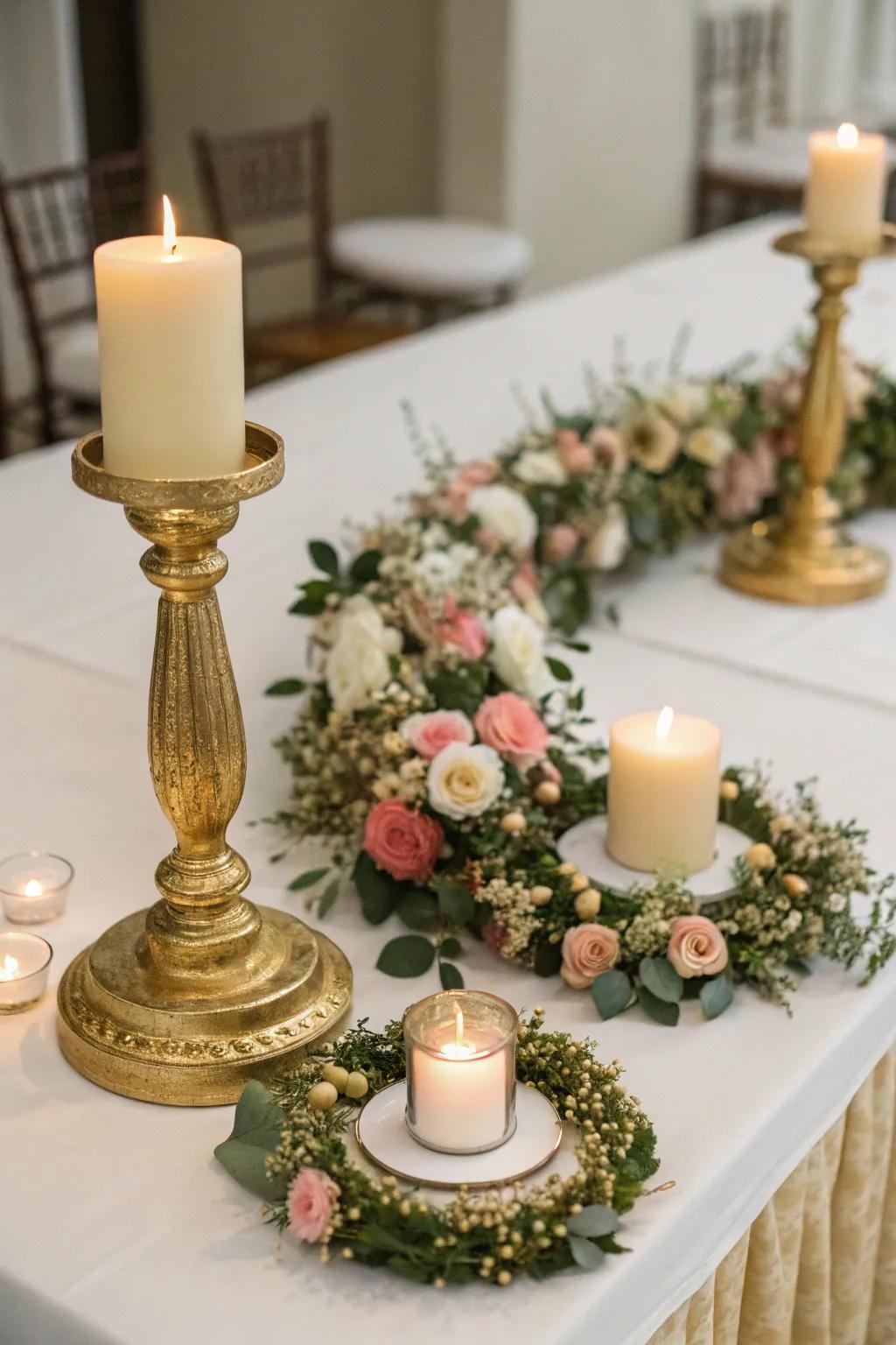 Heartfelt and lush golden bands with floral wreaths.