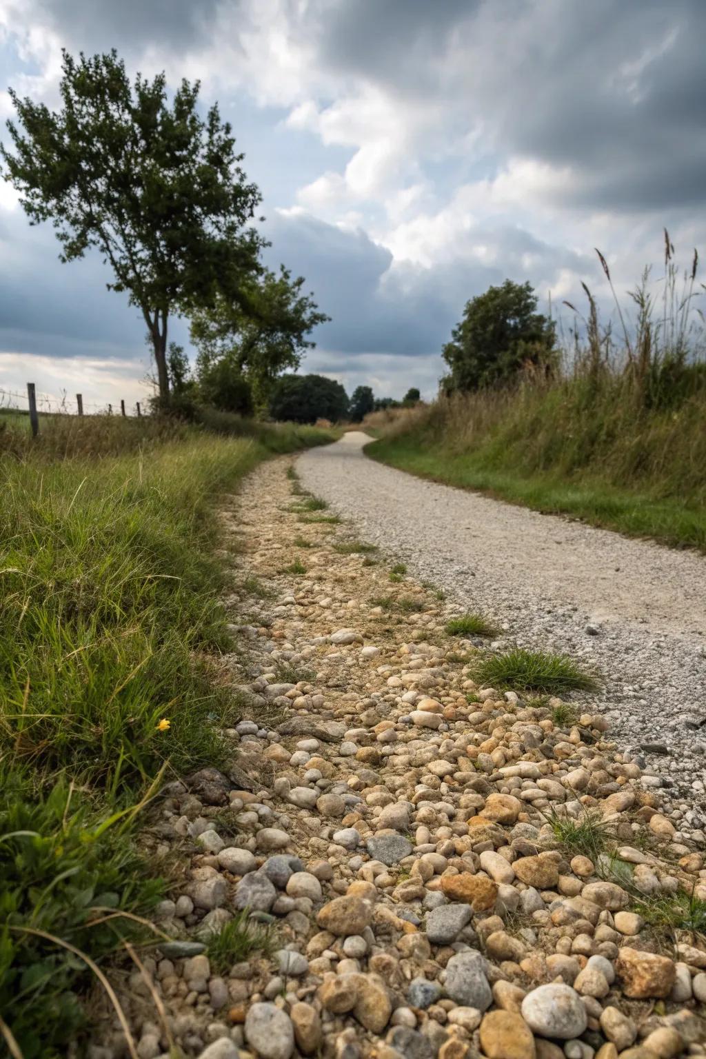 Mixed gravel sizes add texture to a pathway.