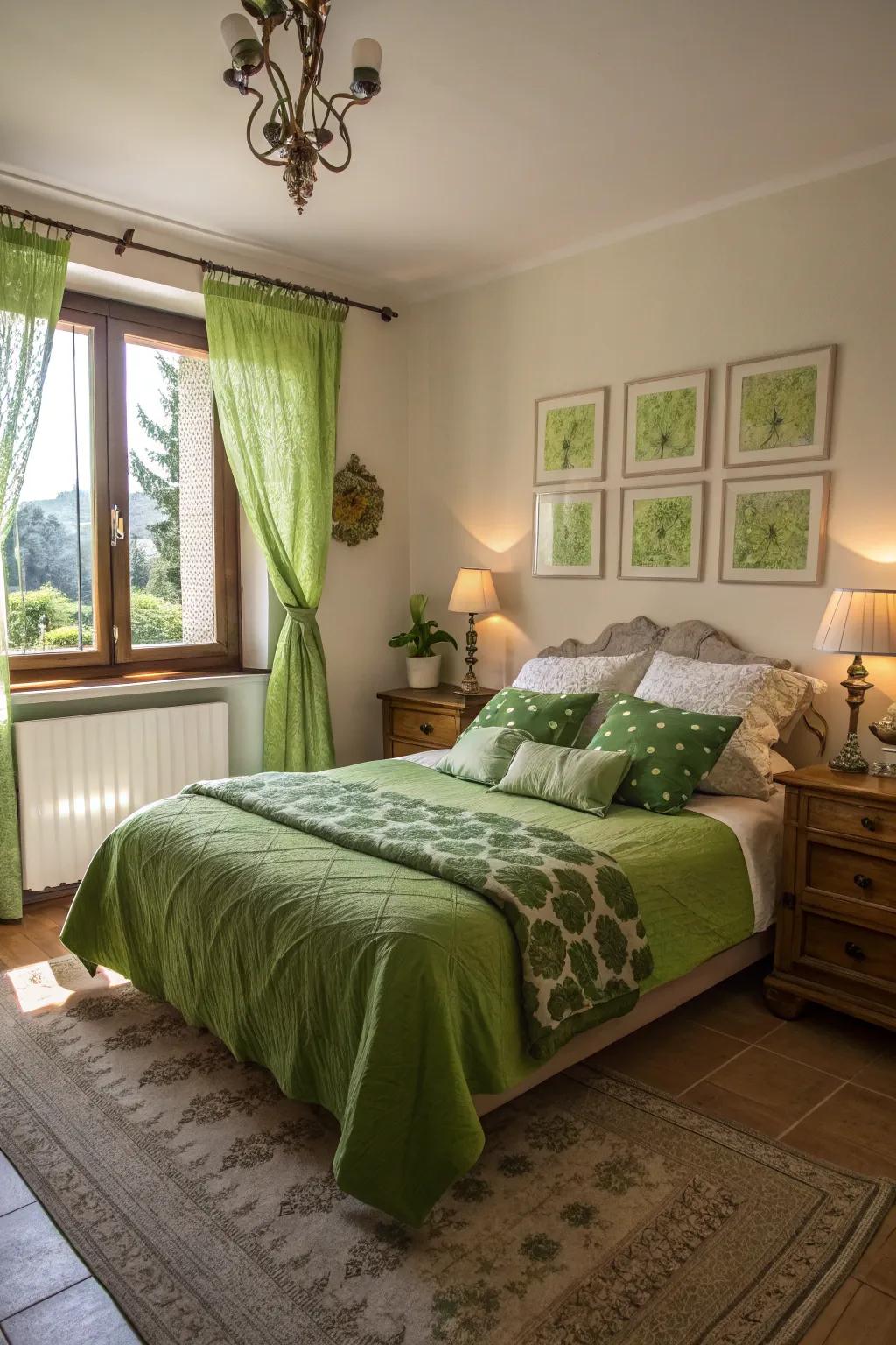 Natural light beautifully enhances the green tones in this bright bedroom.