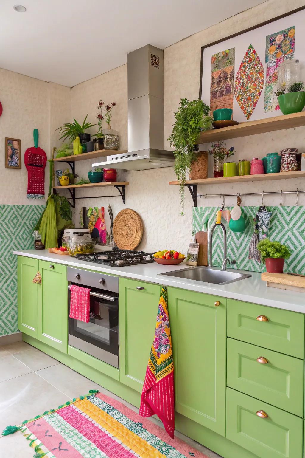 Eclectic kitchen with bold and bright green cabinets.