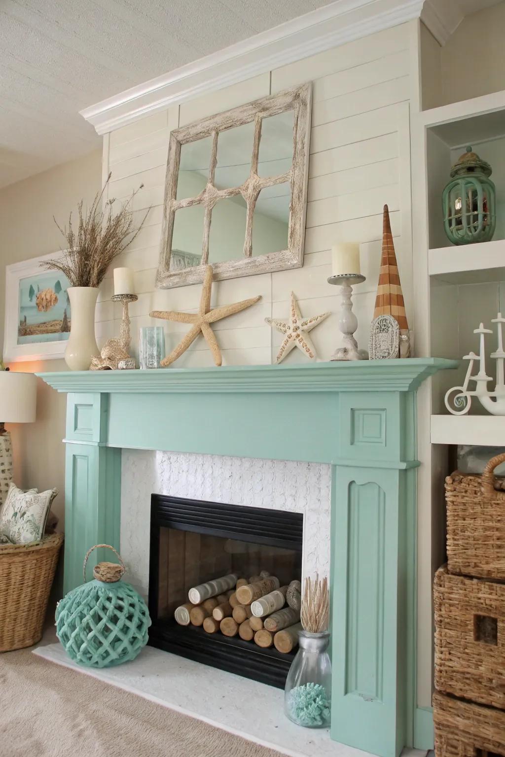 A beach-inspired room featuring a refreshing seafoam green mantel.