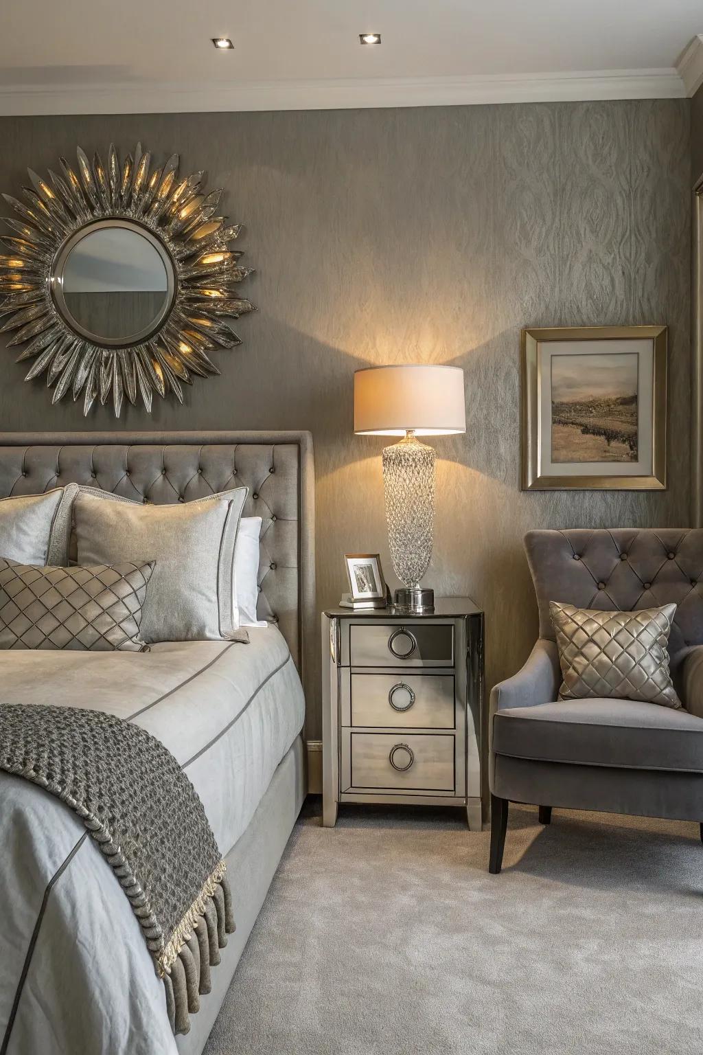 Metallic accents add glamour to this grey accent wall.