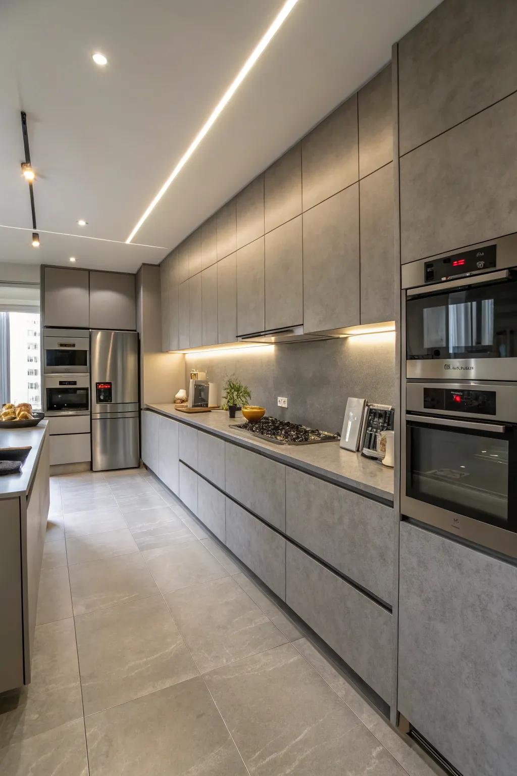 A kitchen with seamlessly integrated appliances and grey countertops.