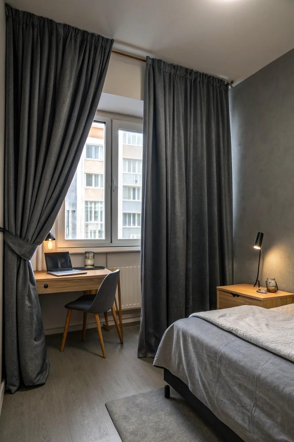 Dark grey curtains add style and functionality.