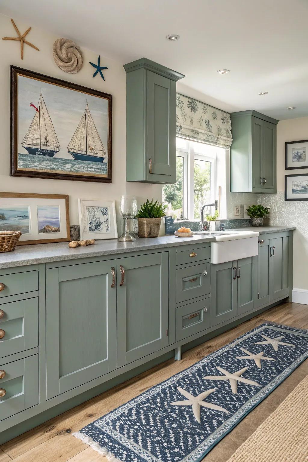 Nautical accents bring a coastal vibe to grey-green cabinets.