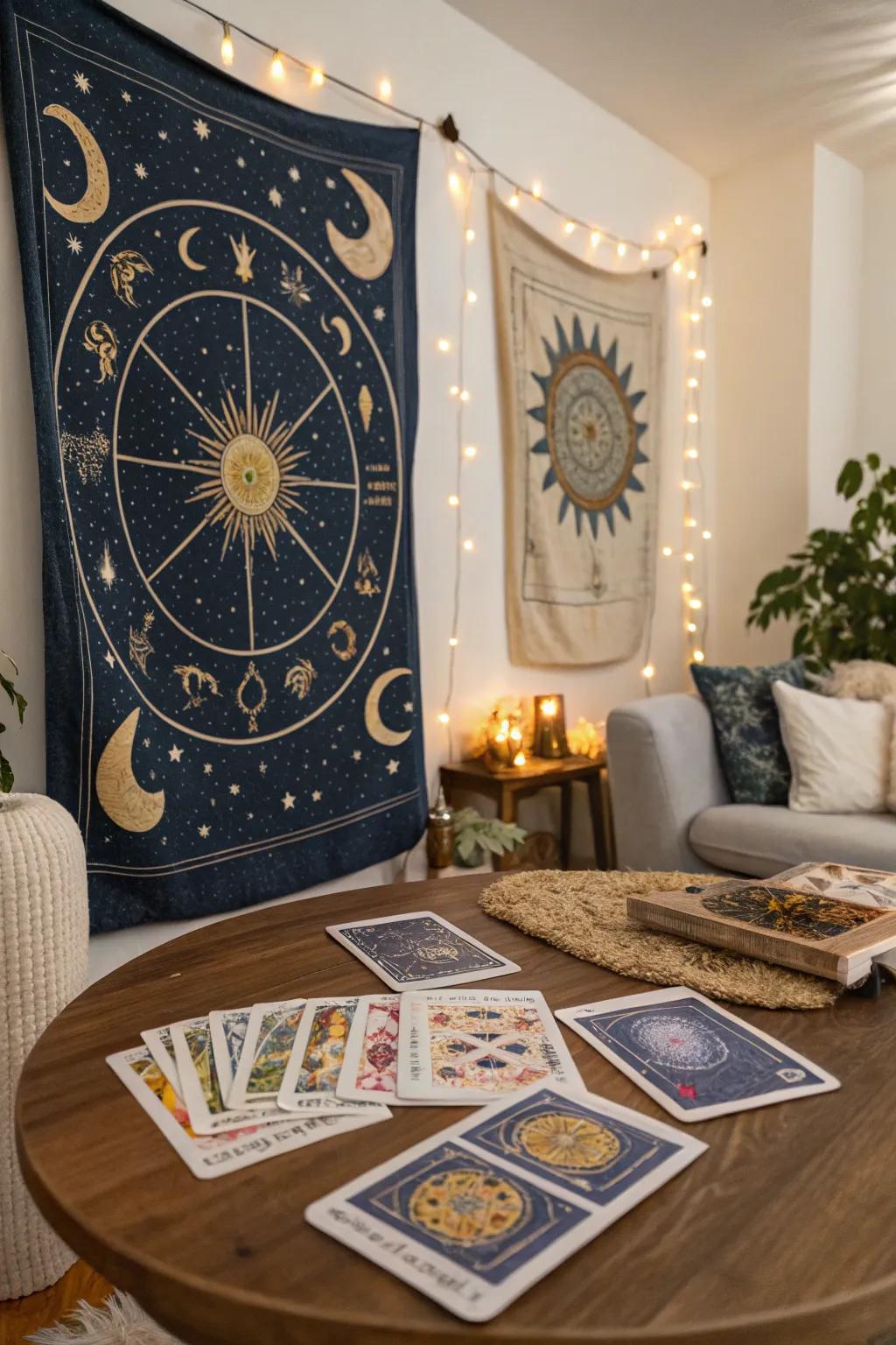 Astrology and tarot elements add a mystical touch.