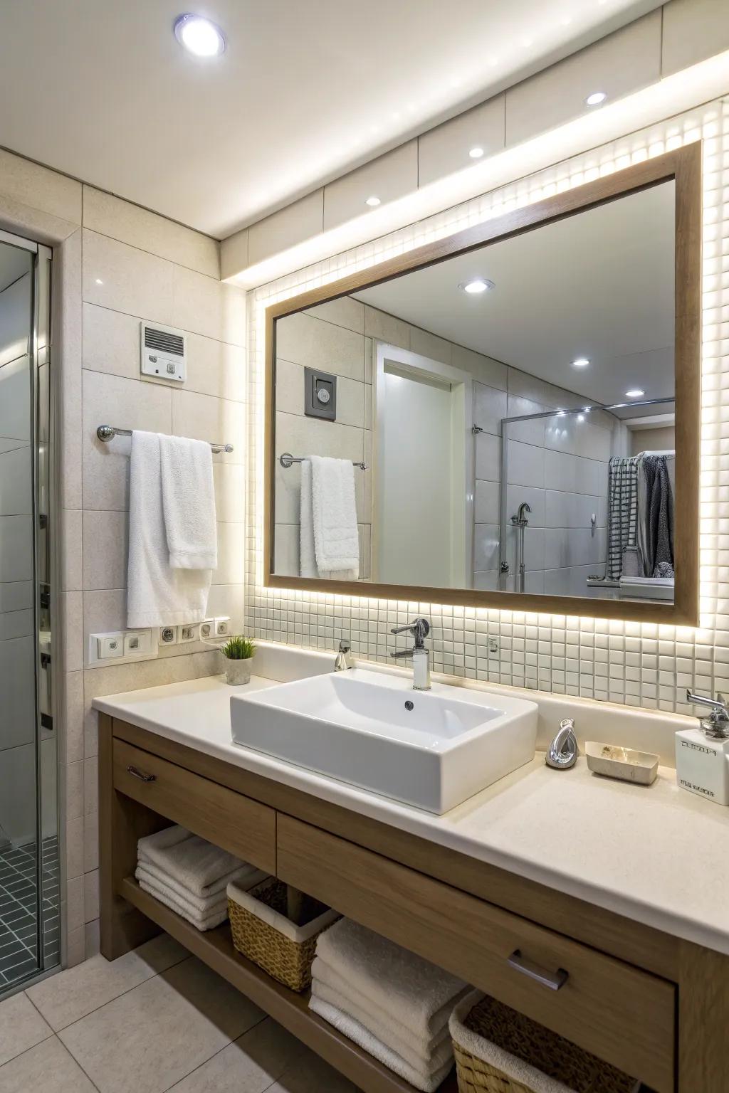 Mirrors give this bathroom a more spacious feel.