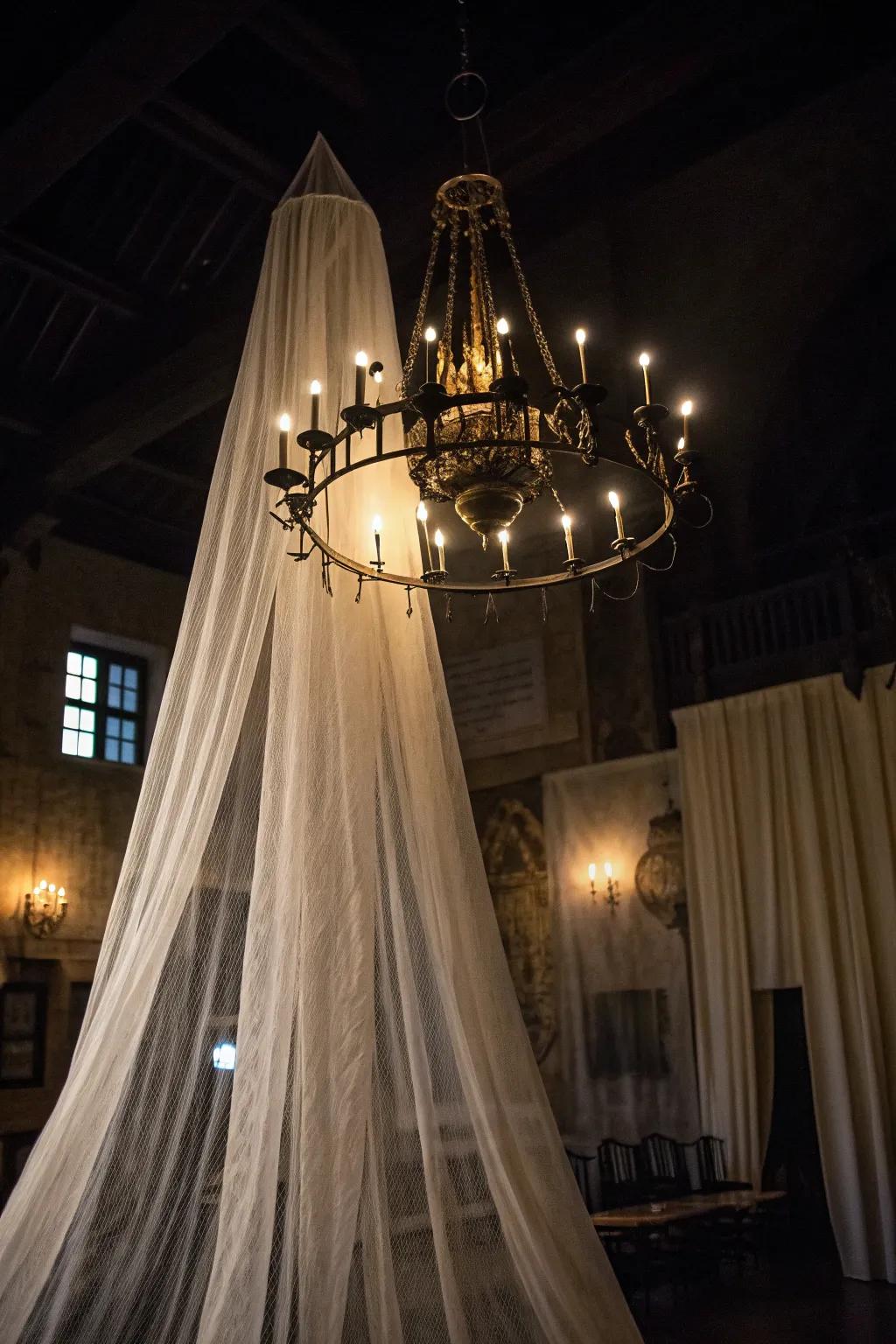 Gauze imparts a ghostly allure to any chandelier.