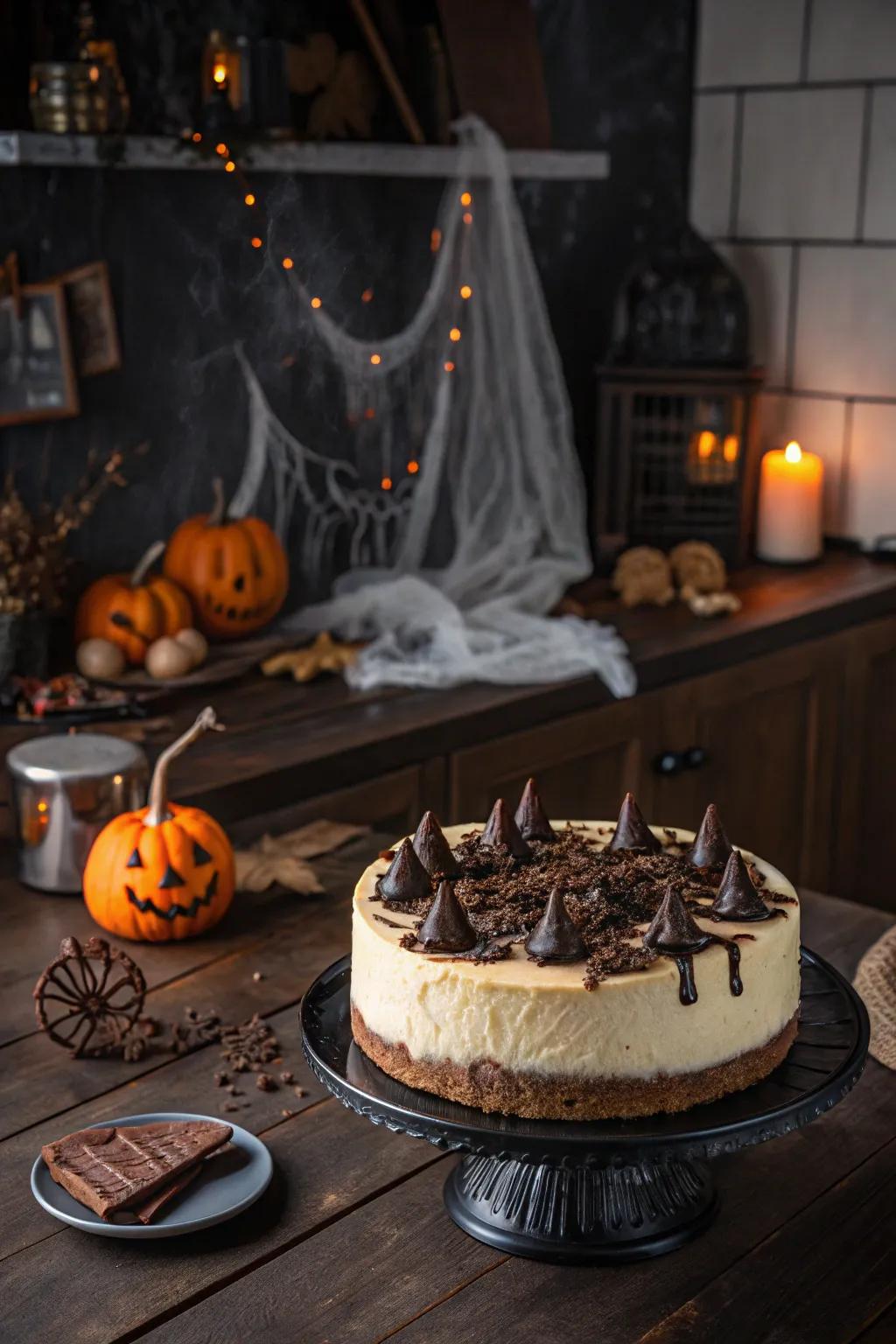 Chocolate bones add a chilling touch to this cheesecake.