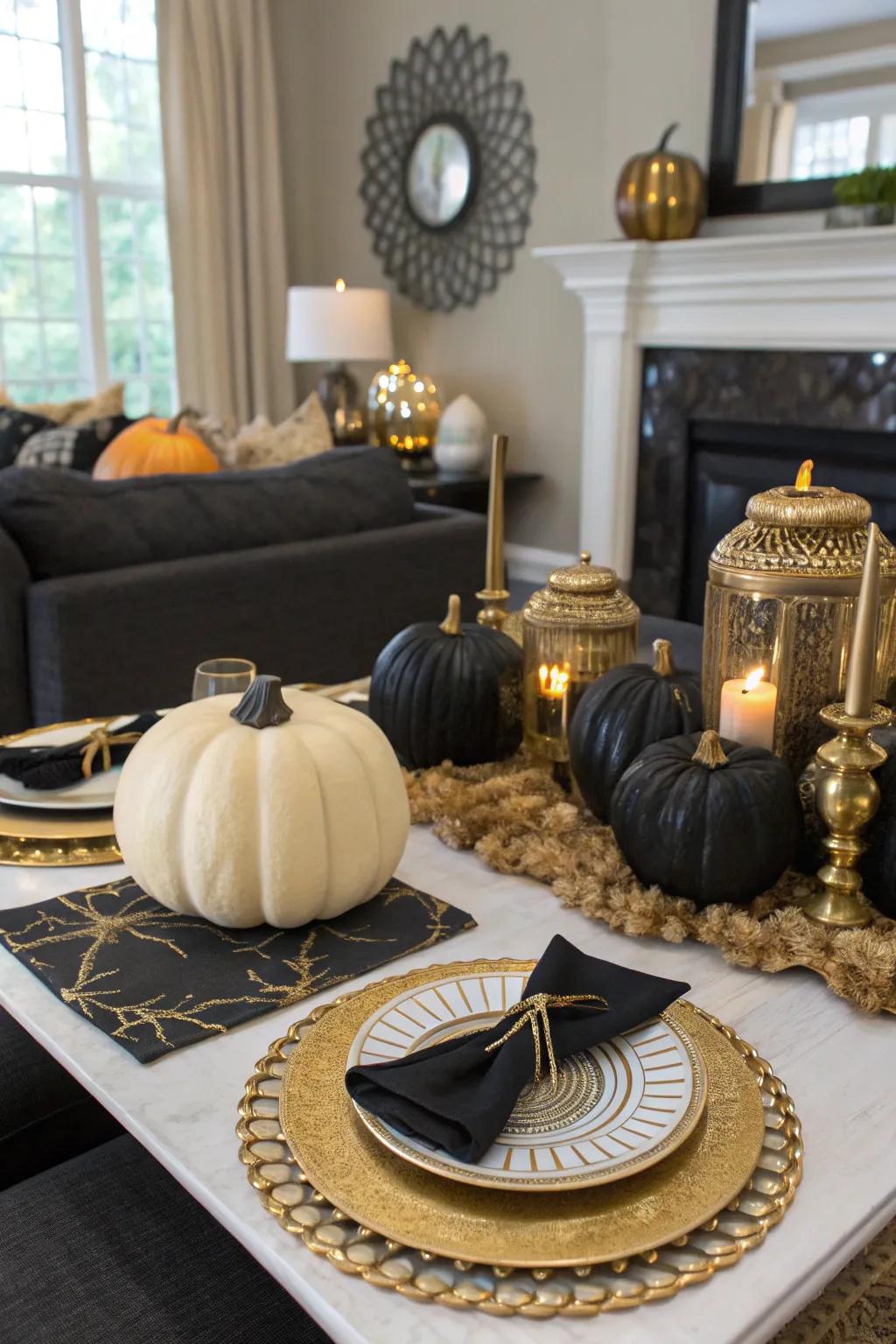 A black and gold palette offers a chic take on Halloween decor.