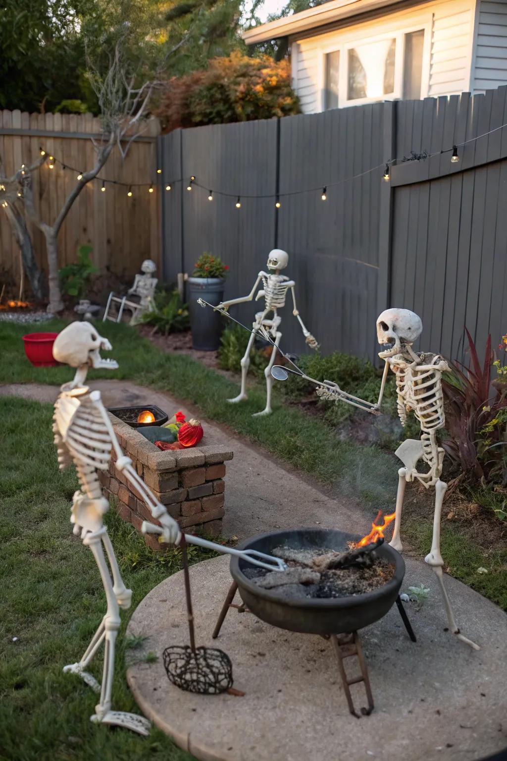 Hibachi grill skeletons offer a fun and unique twist to outdoor Halloween decor.