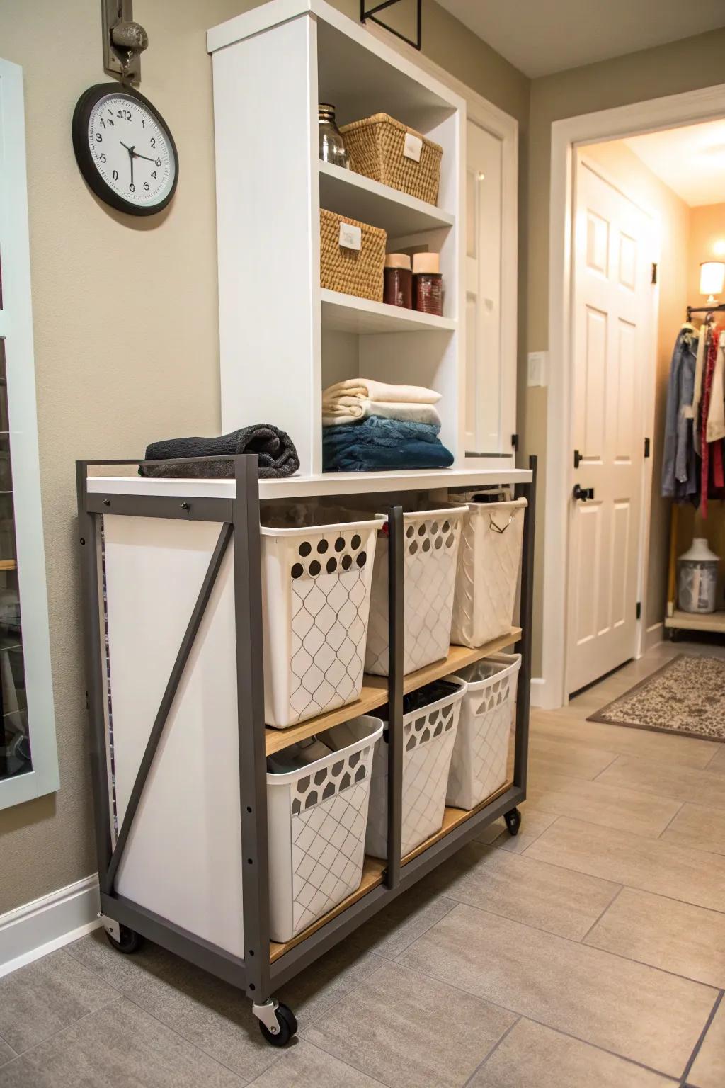 A custom DIY laundry cart for easy sorting.