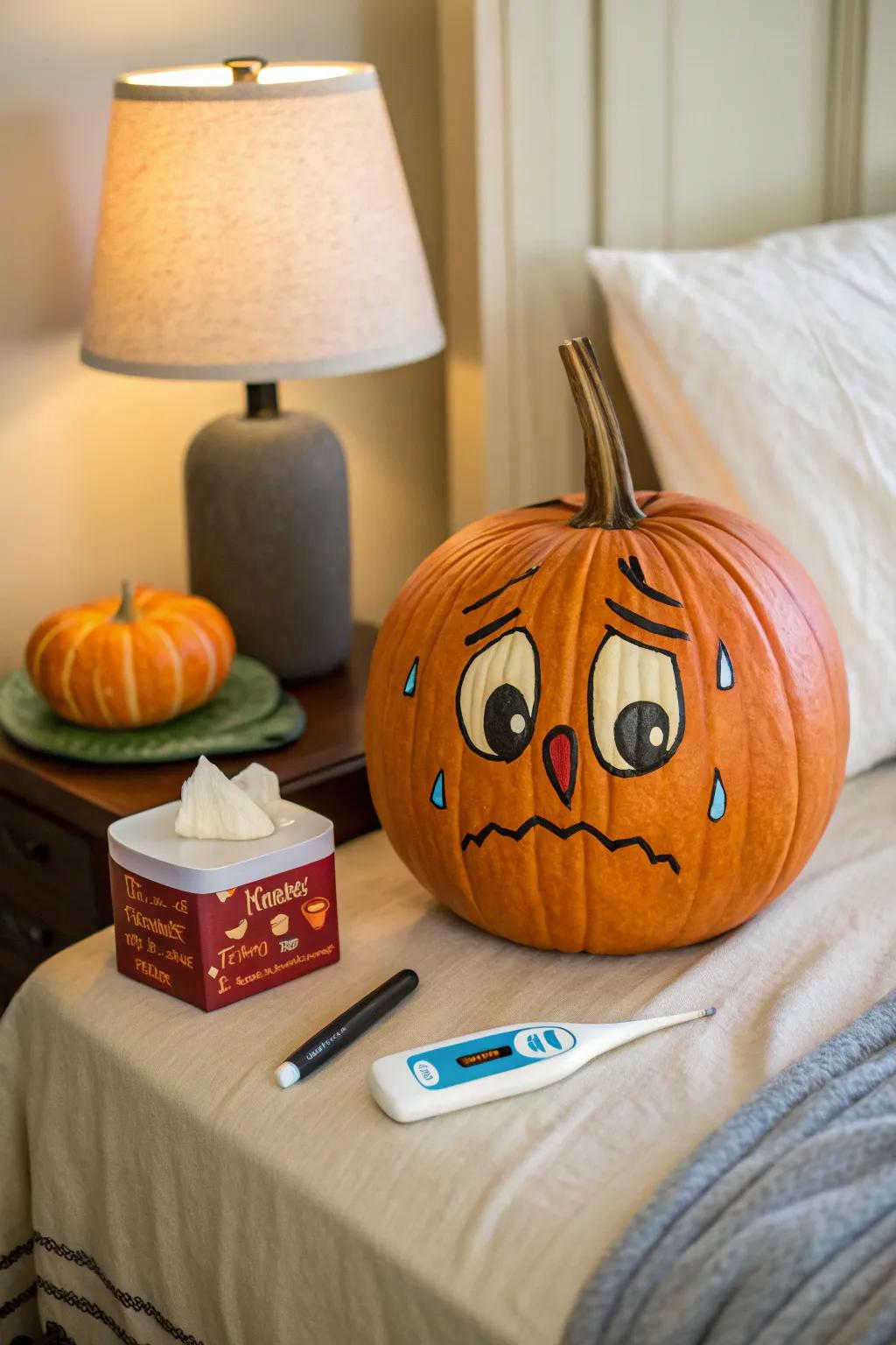 A 'sick' pumpkin that adds a humorous and relatable element to your decor.