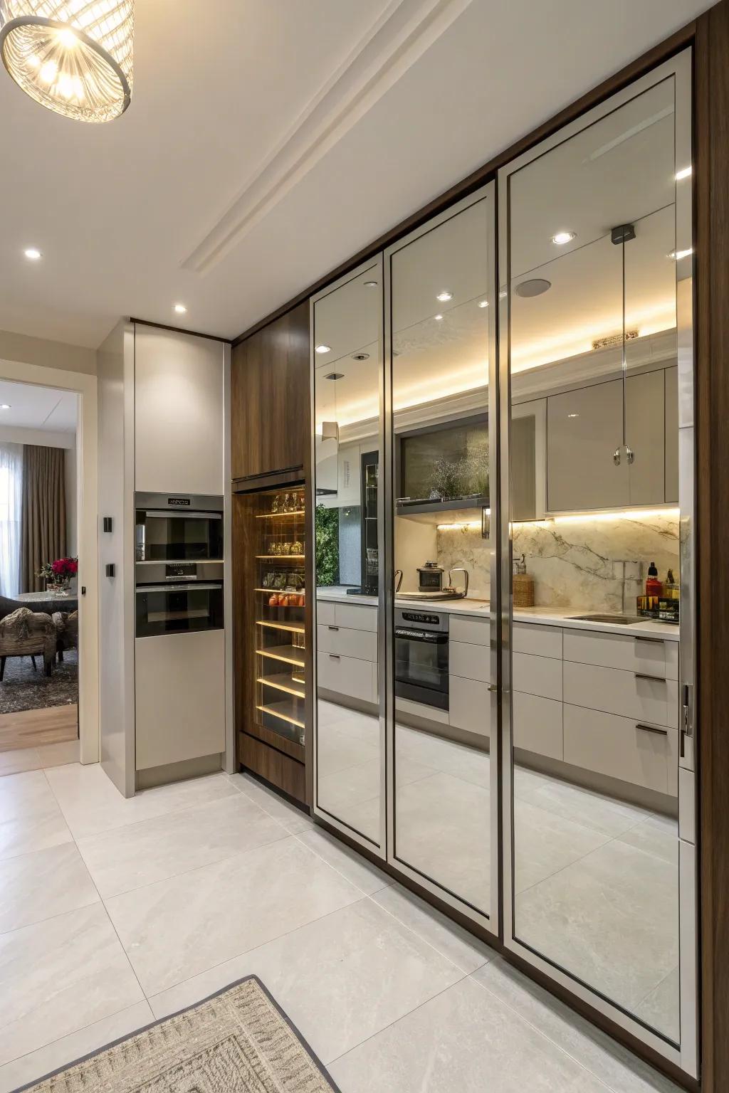 Mirrored doors reflecting the kitchen while hiding a pantry.