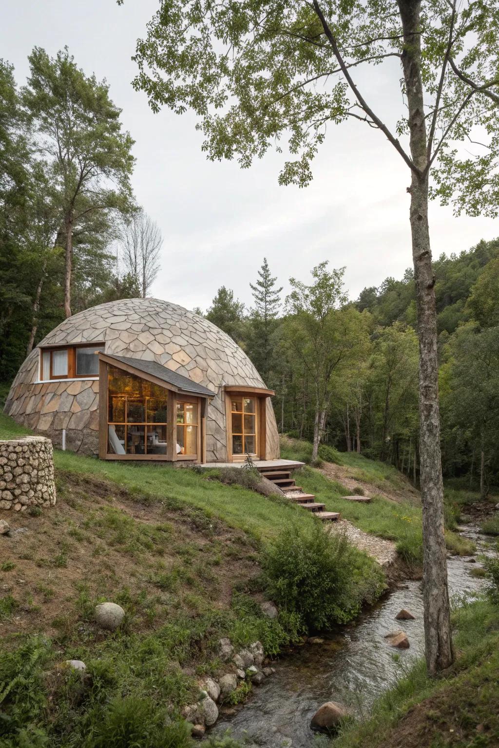 An eco-dome blending seamlessly into its natural surroundings.