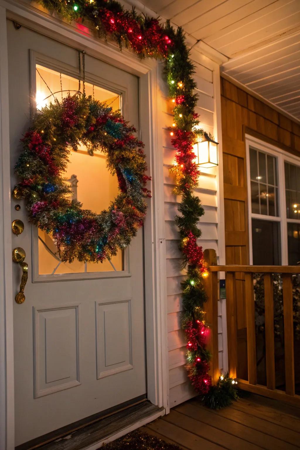 An occasion wreath upgraded with dynamic glittery chain decorations.