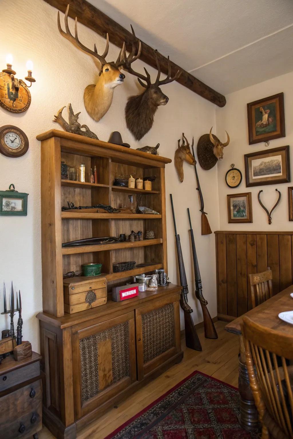 Rustic shelving provides both storage and a display space for your treasures.