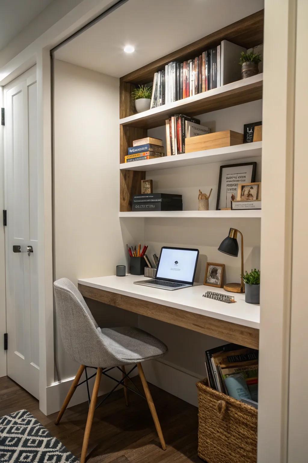 Create a functional and discreet office space with in-wall shelves.