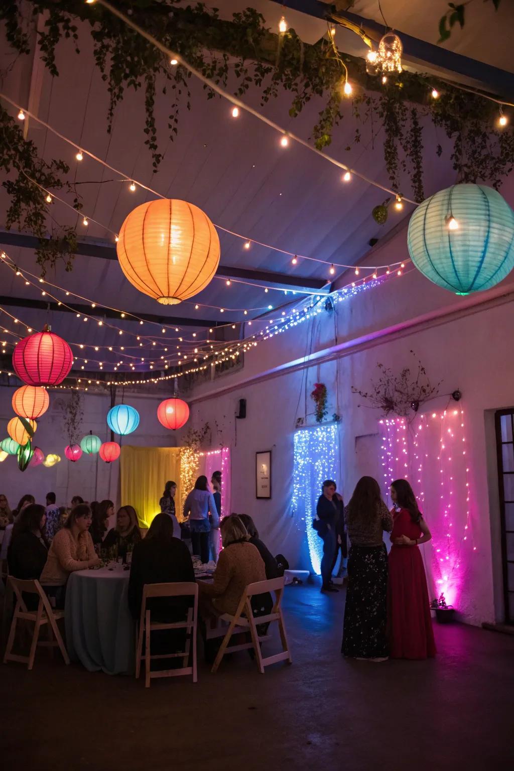 A magical indoor party with whimsical lighting.