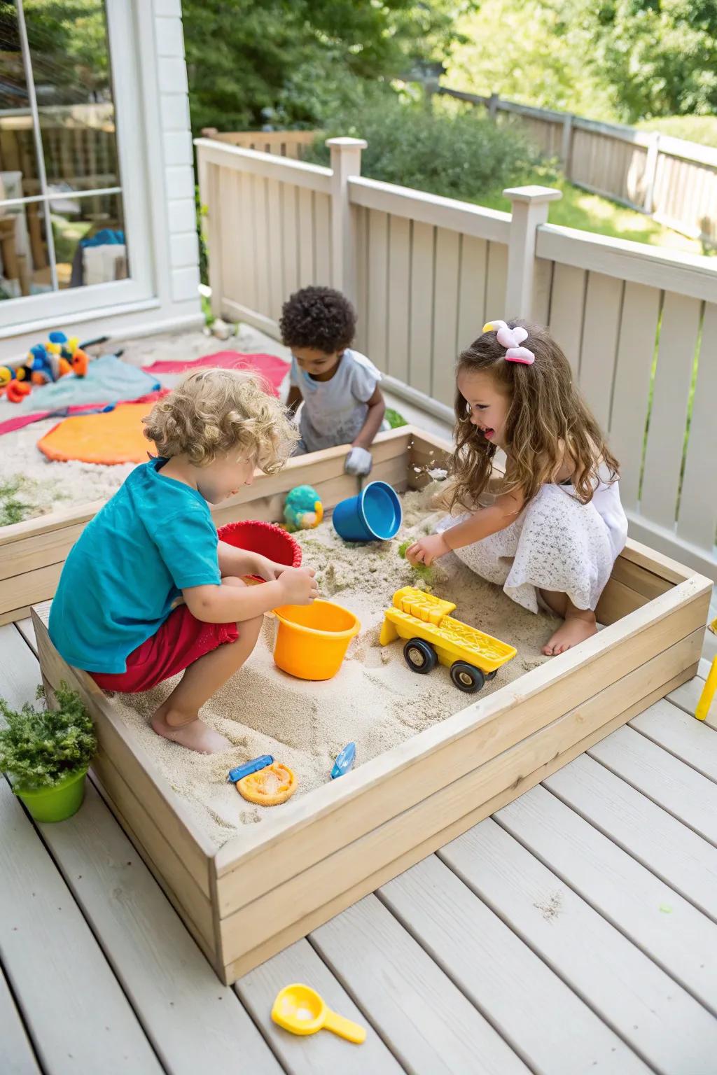 A deck with a sandbox filled with toys where children are building sandcastles.