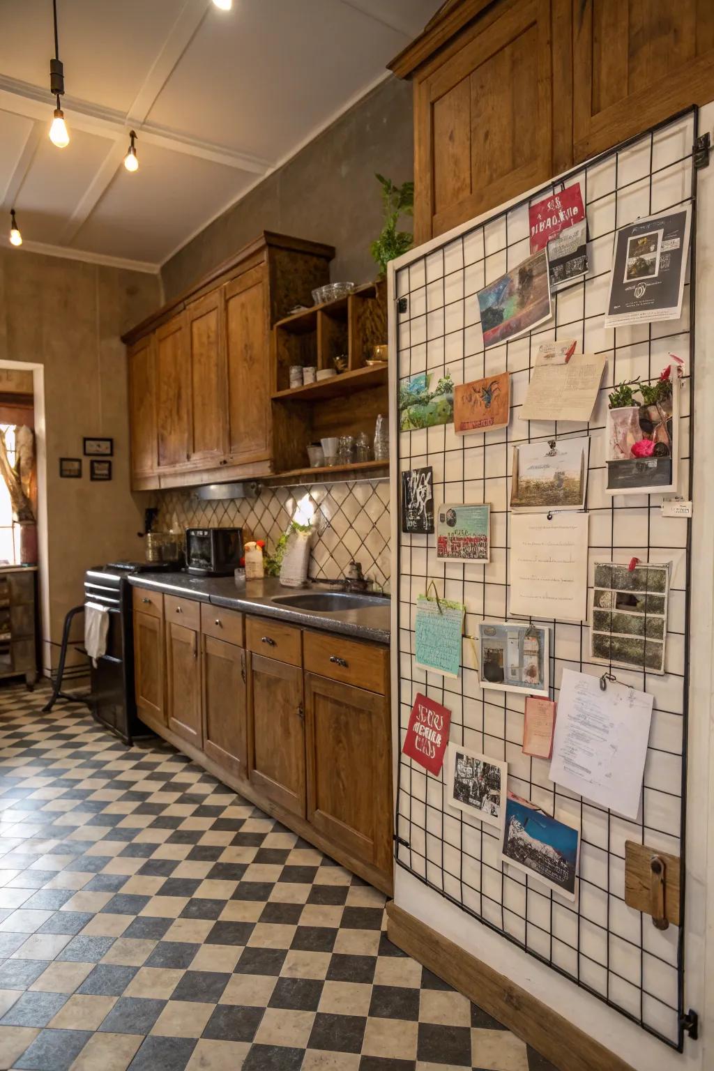 A wire grid display brings rustic charm to your kitchen.