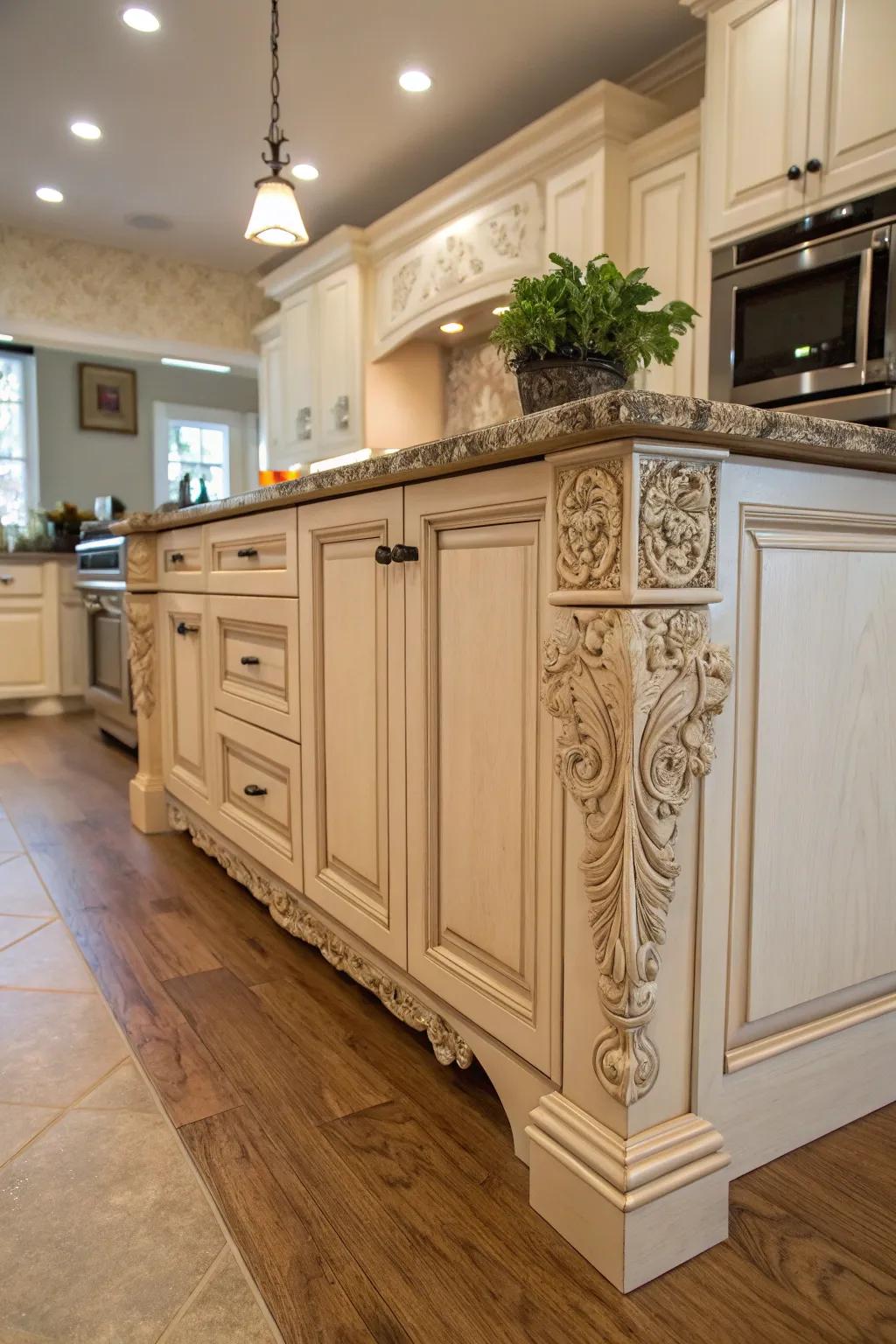 Custom carved feet add a personal touch to cabinetry.