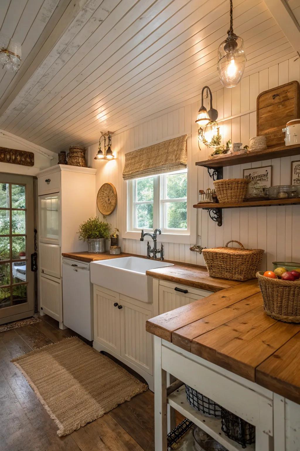 Impart cottage charm with a plank ceiling.