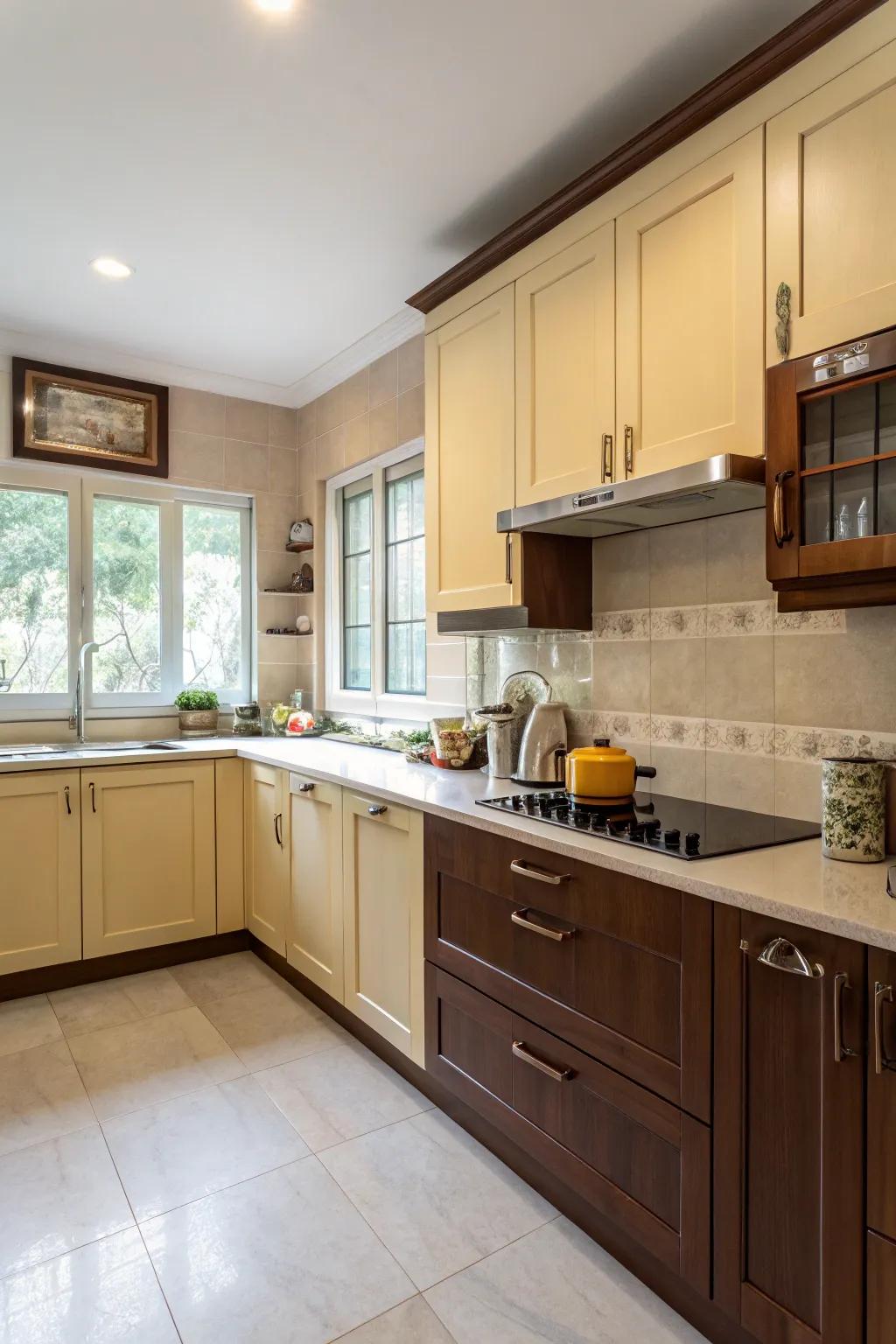 Two-tone cabinets add depth and visual interest.