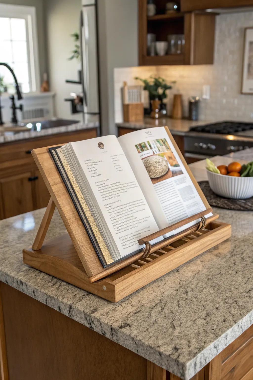 A cookbook stand enhances charm and inspires culinary exploration.