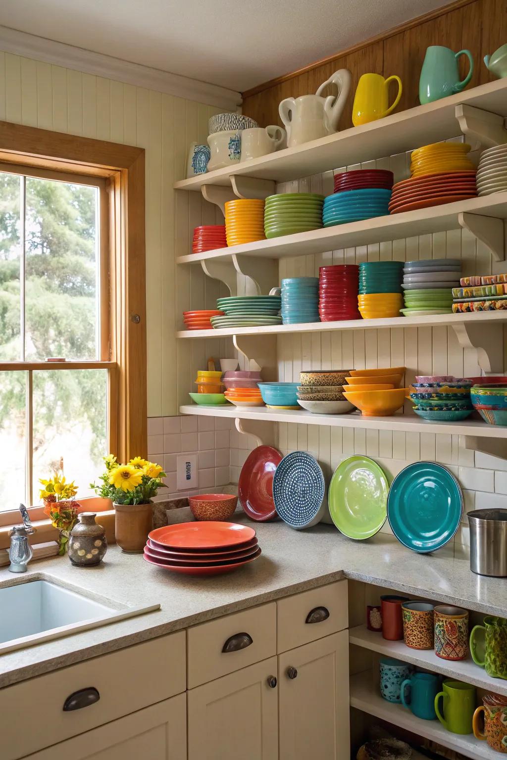 Open shelving adds a personal touch and makes the kitchen feel spacious.