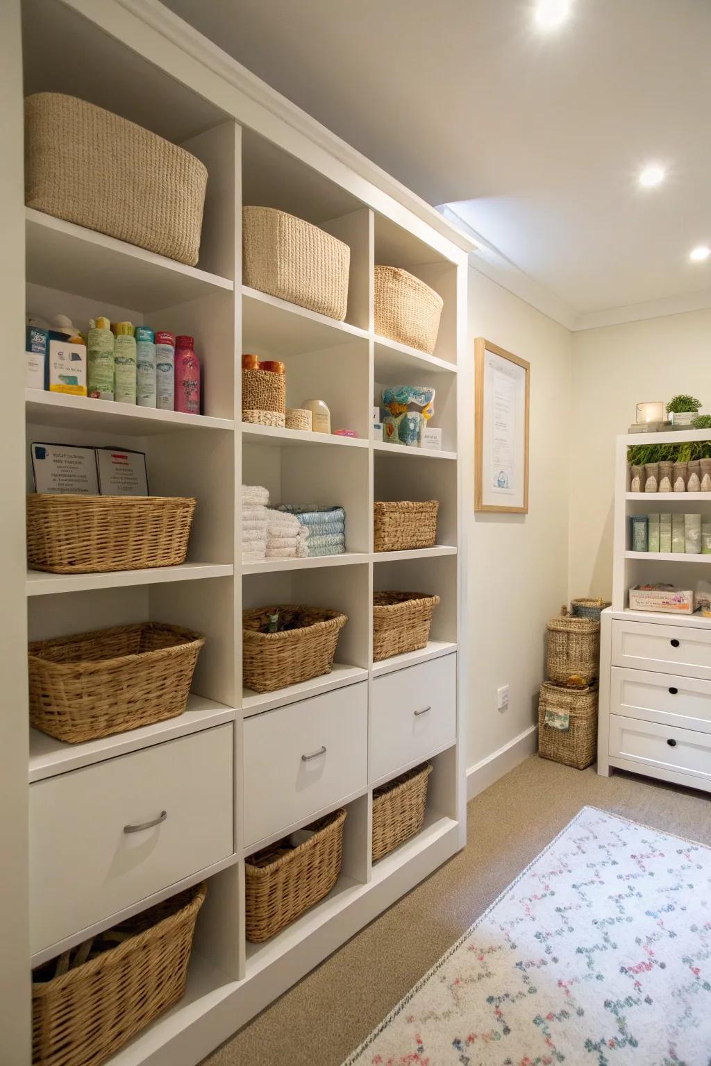 Built-in shelves and baskets offer creative storage solutions.