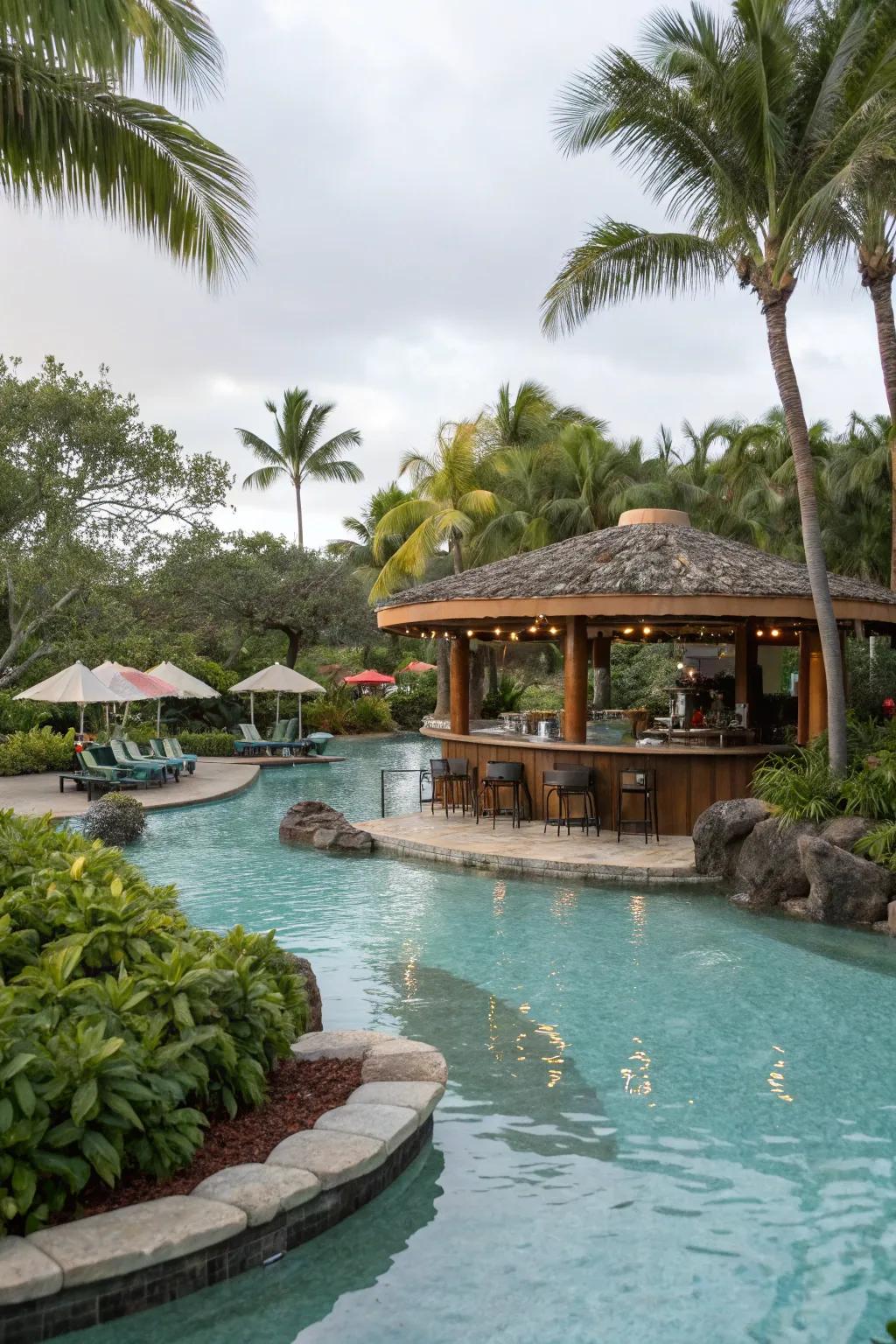 Swim-up bars bring a resort vibe to lagoon pools.