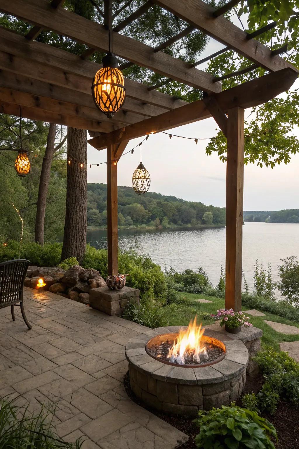 A pergola-covered fire pit combines style and function in your lakeside space.