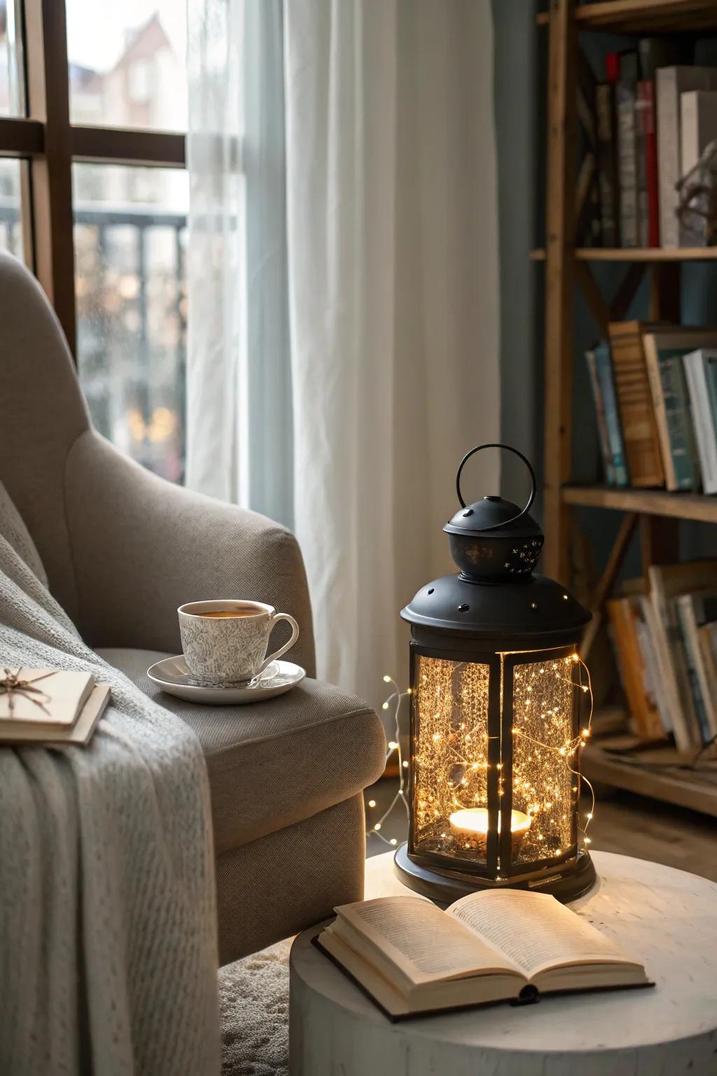 A lantern filled with fairy lights creating a magical glow.