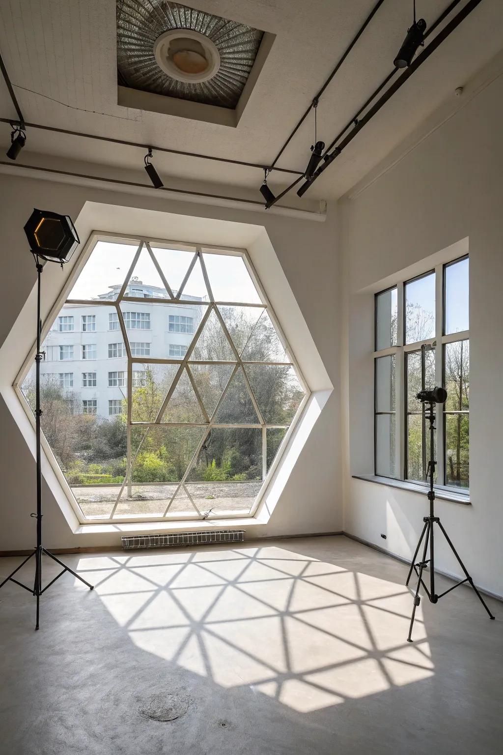 A unique hexagonal window creating a modern architectural statement.