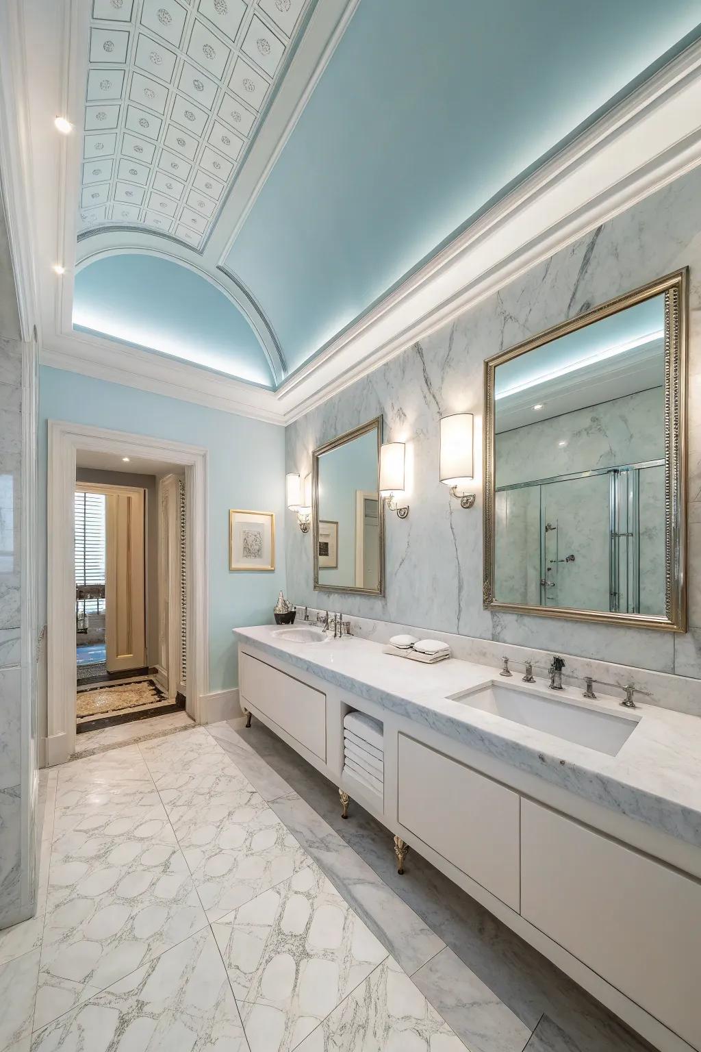A spa-like bathroom featuring a serene sky-blue ceiling.