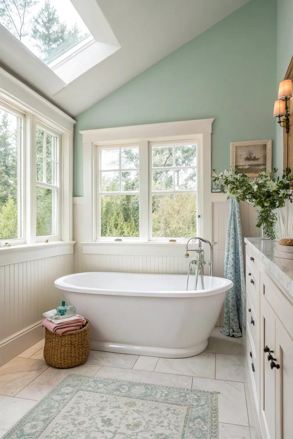Solitary soaking tubs offer grace and relaxation in a light bathroom.