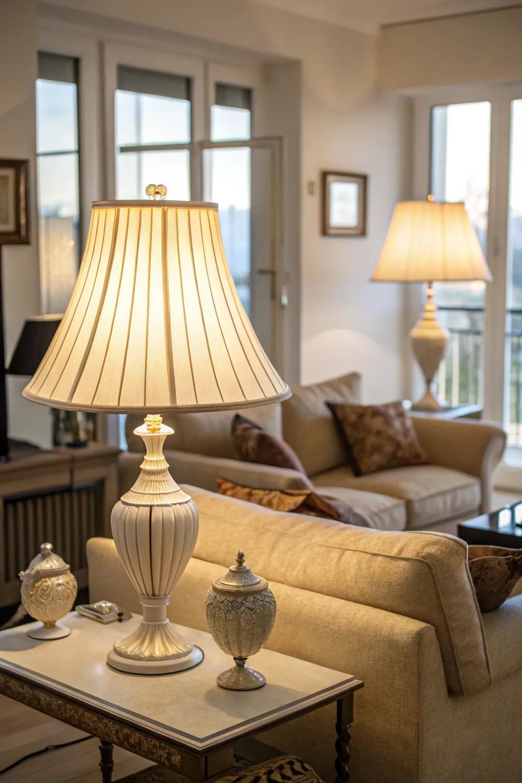 Bright-colored lamp shades assist in maximizing brightness and create an airy atmosphere.