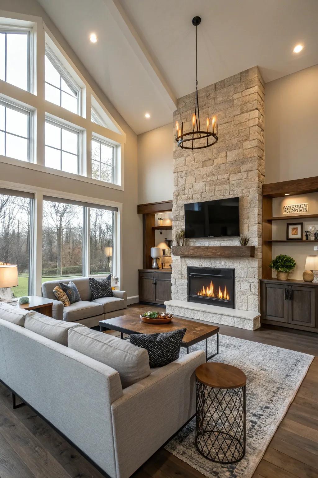 A living room with floating furniture centered around the fireplace.