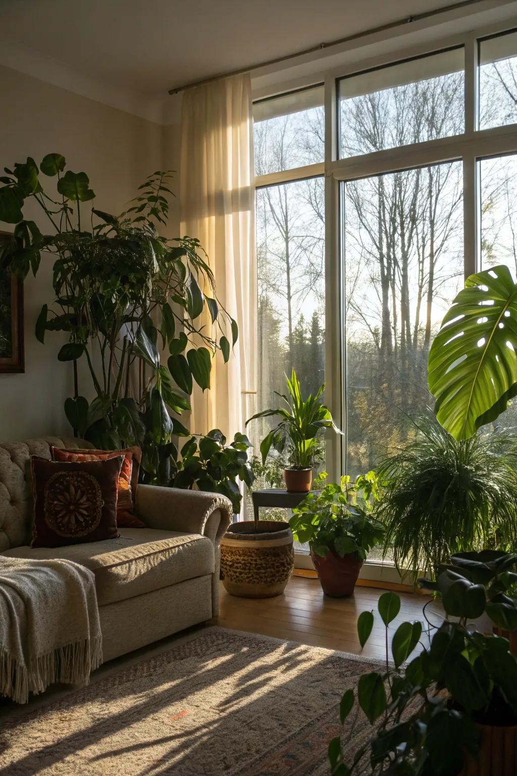 Enhance your living room's atmosphere with indoor greenery by the window.