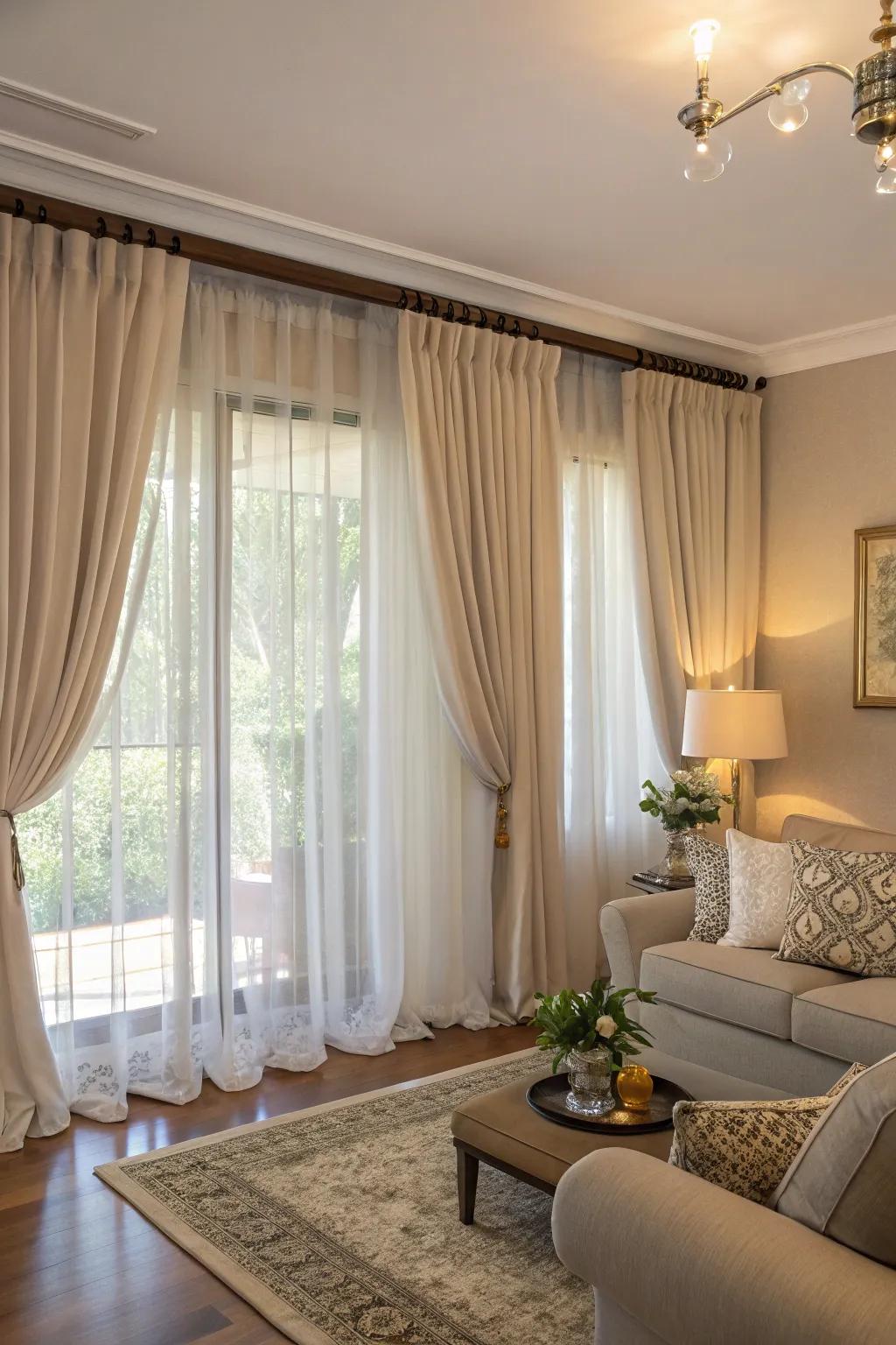 Double rod curtains offer style and functionality.