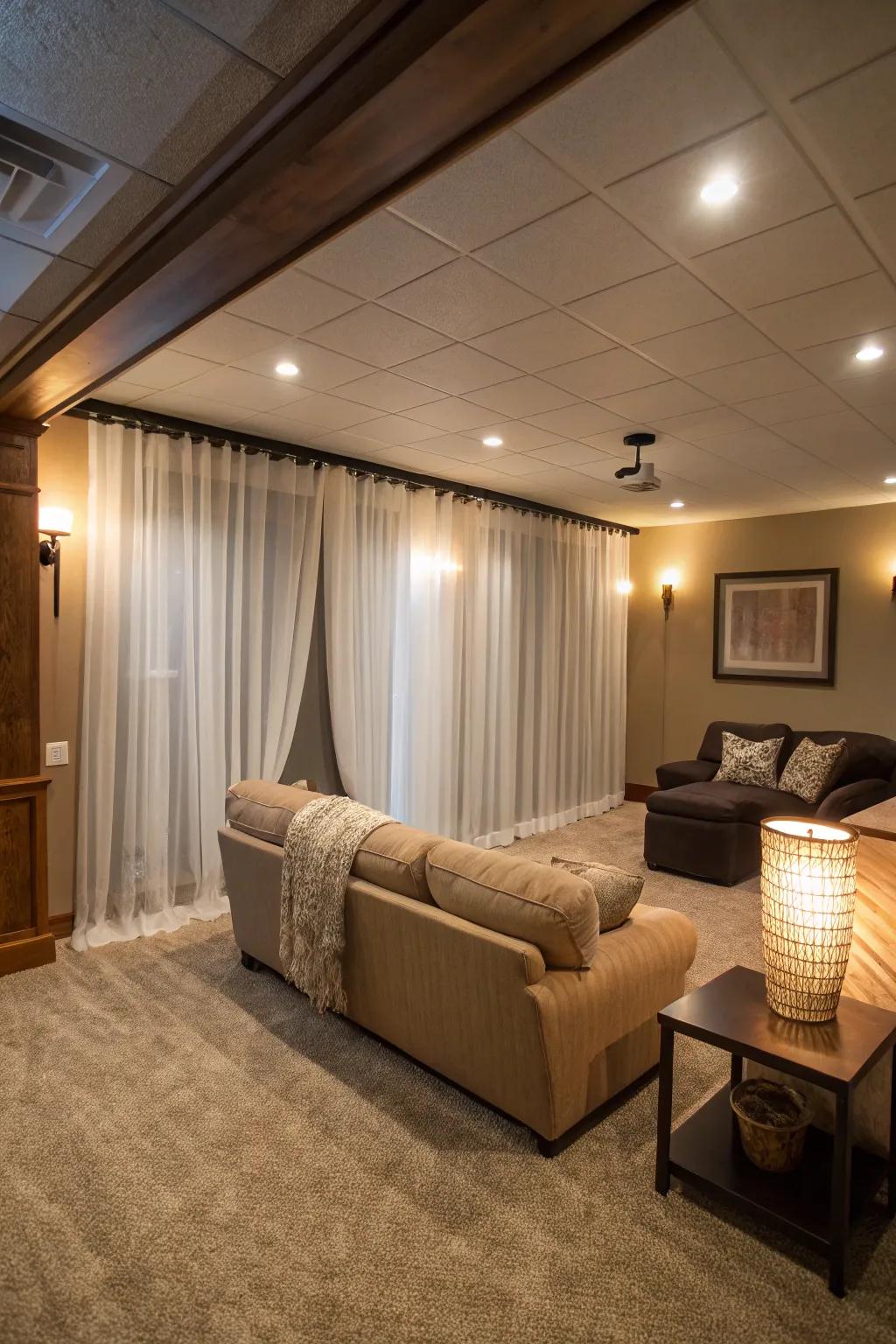 Tall curtains add height and elegance to basement windows.