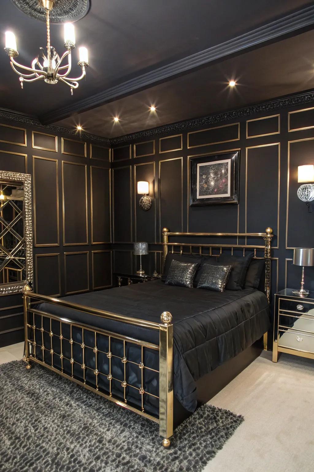 Metallic accents add a touch of glamour and contrast to this sophisticated black bedroom.