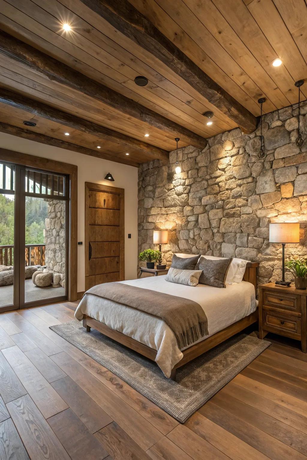 Natural surface textures add warmth to the master bedroom.