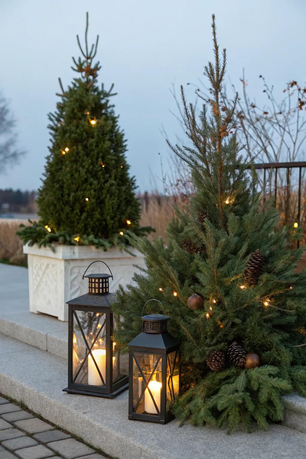 Uncomplicated and natural outdoor embellishments featuring evergreens and lanterns.