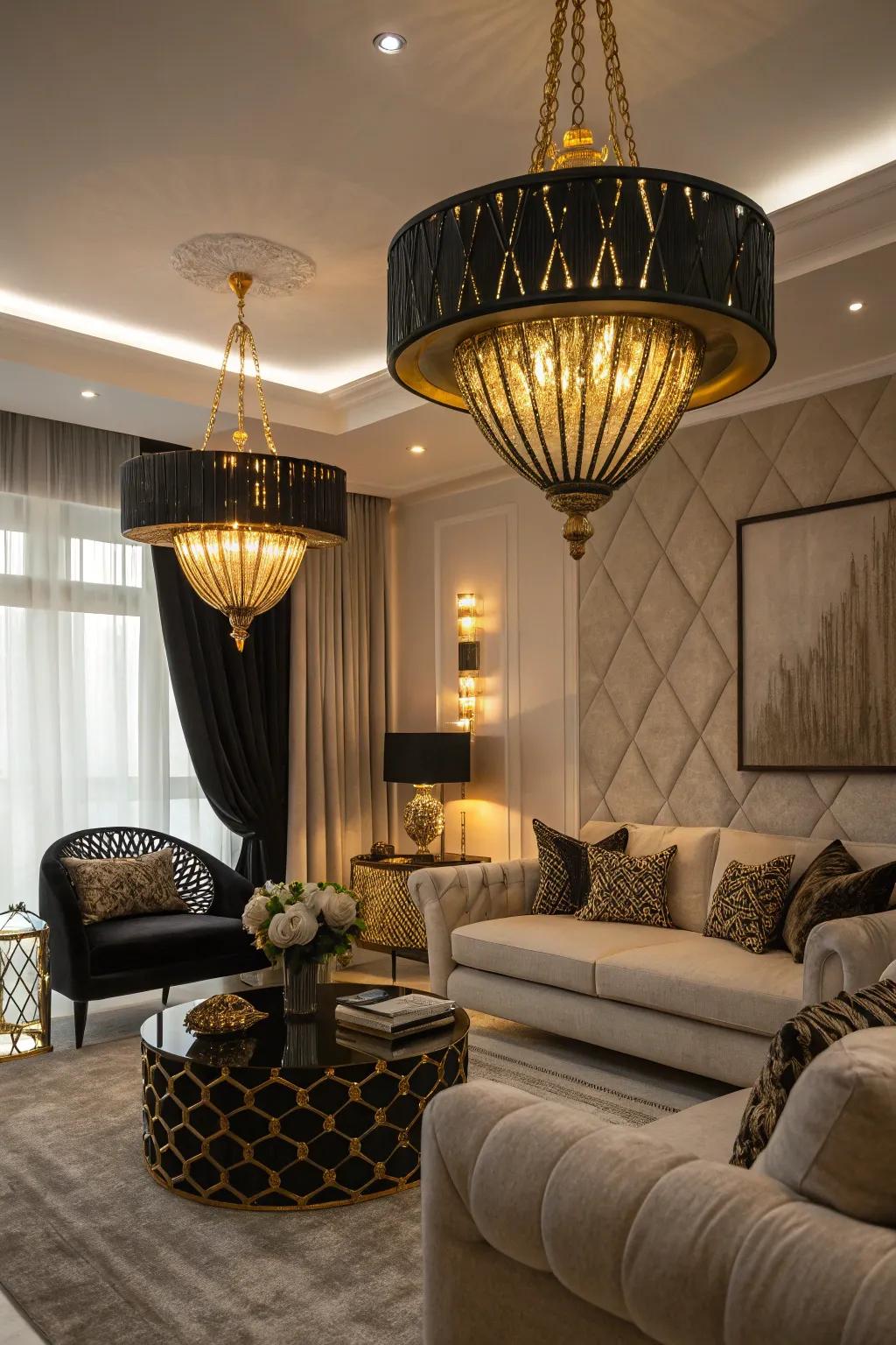 Dramatic lighting fixtures enhancing the room's atmosphere.