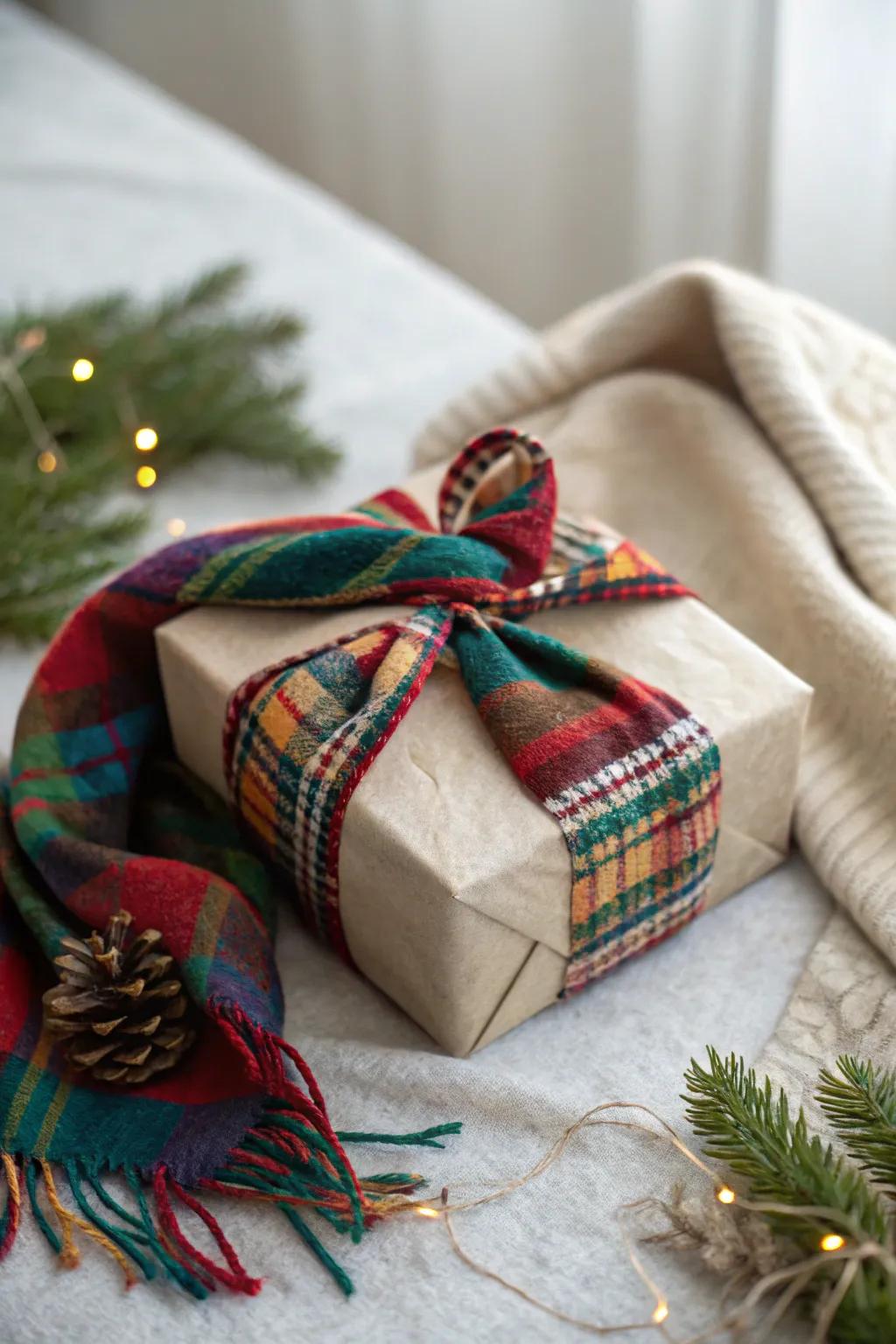 A gift wrapped in fabric, offering a sustainable and stylish alternative to traditional wrapping paper.