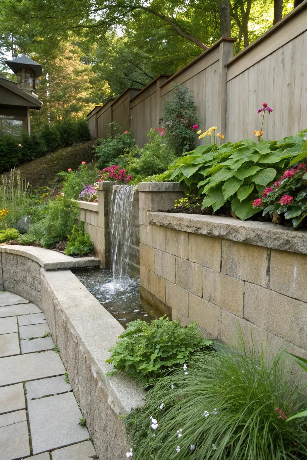 Concrete wall with a waterfall, adding tranquility to the garden.